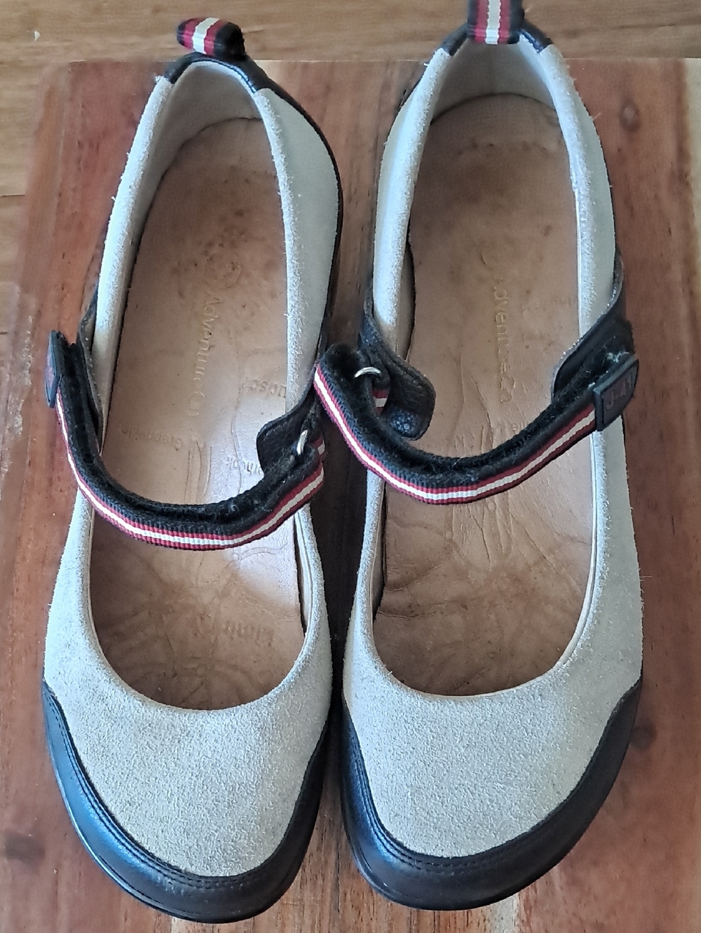 J-41 Beige Suede Mary Jane Flats with Striped Strap